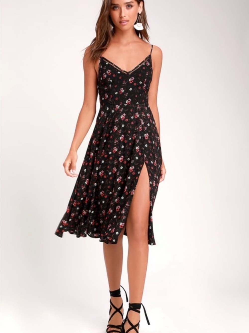 Lulu's Black Floral Slip Midi Dress with Red and Pink Flowers